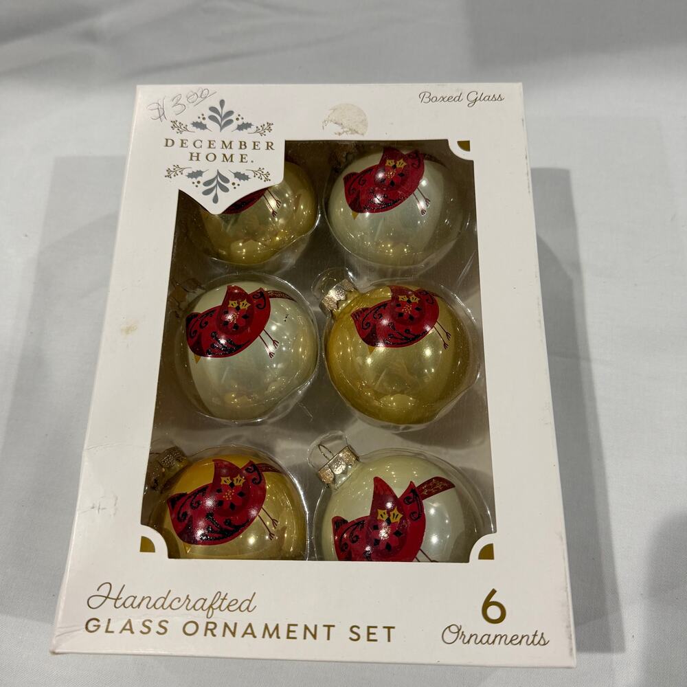 6pcs Christmas Tree Ornaments Handcrafted Glass, Red Cardinal, 2.5"